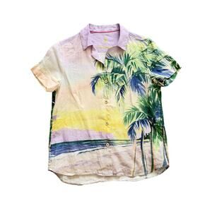 Tommy Bahama Women's 100% Linen Hawaiian Shirt Buttondown Palm Tree Sunset